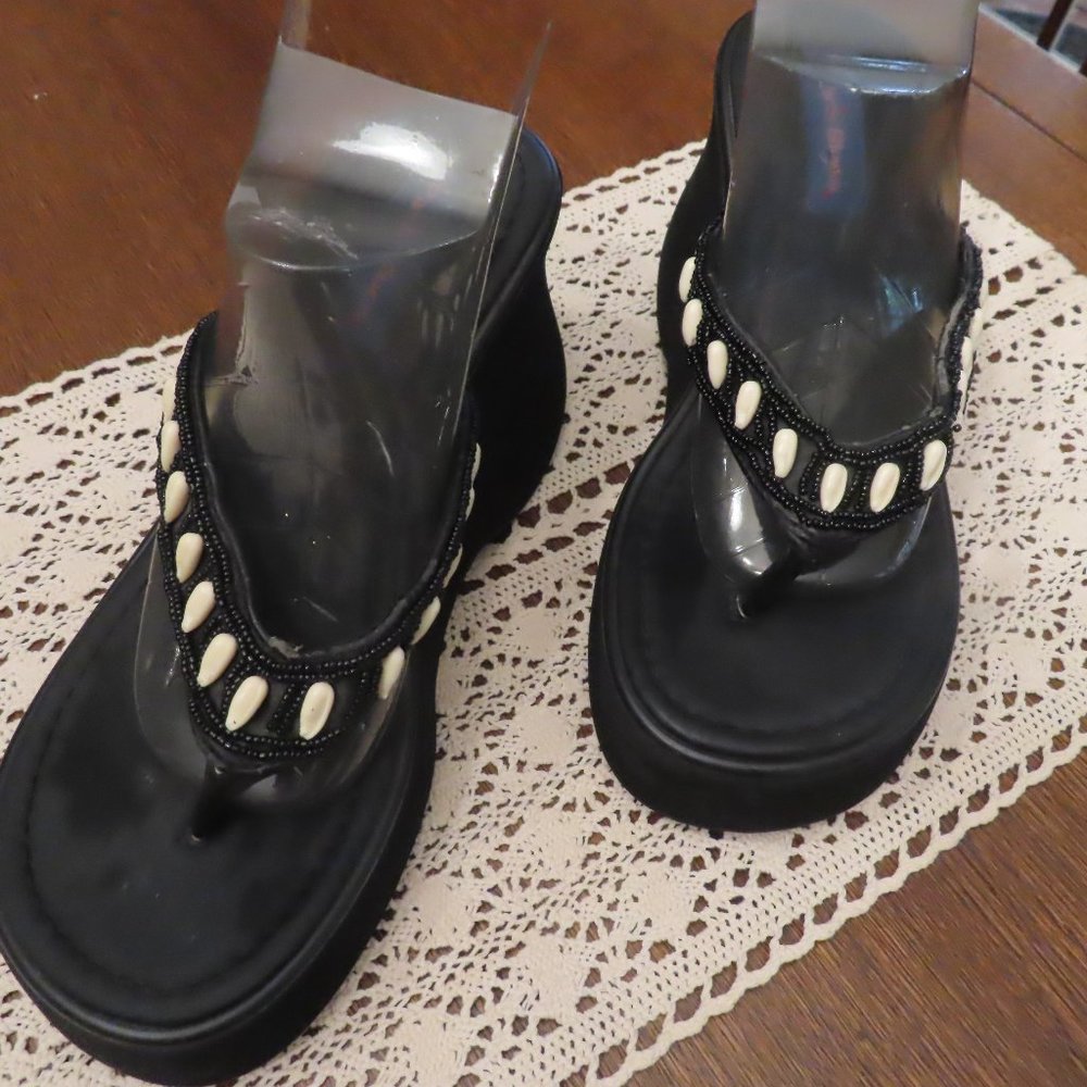 Paris Blue Black  Sandals Wedge Platform Flip Flops Slip On Sandals size 10M